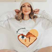 Load image into Gallery viewer, Adventure Awaits Women's Crewneck Sweatshirt Beautiful Hand-Drawn Desert with Cactus on a Comfy, Cozy White, Ash, or Sand Pullover