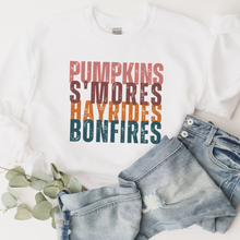 Load image into Gallery viewer, Pumpkins S'more's Hayrides and Bonfires Women's T Shirt or Crewneck Sweatshirt Distressed Letters Cozy Gildan Pullover or Bella Canvas Tee