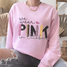 Load image into Gallery viewer, Women's In October We Wear Pink Crewneck Sweatshirt Breast Cancer Awareness Fall Cancer Pullover White or Light Pink