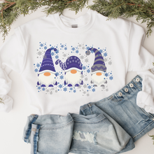 Load image into Gallery viewer, Christmas Crewneck Sweatshirt Women's pullover Three Cute Blue Gnomes in White, Navy or Ash Gift for Her