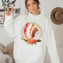 Load image into Gallery viewer, Native American Headdress Women's Crewneck Sweatshirt, Hoodie, or T-Shirt, Beautiful Bright Colored Watercolor Hand-Drawn Headdress