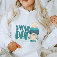 Load image into Gallery viewer, Snow Day Gnome Women's White Hooded Sweatshirt or Crewneck Winter Pastel Snow Gnome in Winter Sweater and Beanie