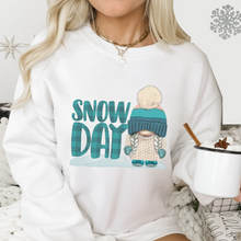 Load image into Gallery viewer, Snow Day Gnome Women's White Hooded Sweatshirt or Crewneck Winter Pastel Snow Gnome in Winter Sweater and Beanie