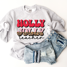 Load image into Gallery viewer, Holly Jolly Teacher Christmas Crewneck Sweatshirt Women's Unisex-Sized Retro Leopard Print Christmas Design Warm Cozy Gildan Pullover