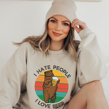Load image into Gallery viewer, I hate People, I Love Beer Women's Crewneck Sweatshirt Funny Adventure Outdoors on a Comfy, Cozy White, Ash, or Sand Pullover