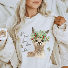 Load image into Gallery viewer, Women's Fa La La La Llama Crewneck Sweatshirt Cute Warm and Cozy GildanĀ® Pullover Watercolor Llama Christmas or Winter Shirt