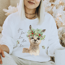 Load image into Gallery viewer, Fa La La La Llama Crewneck Sweatshirt Women's Winter Watercolor Llama Design Ash or White Cozy Gildan Sweatshirt