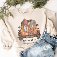 Load image into Gallery viewer, Meet Me At The Pumpkin Patch T Shirt or Crewneck Sweatshirt Women's Autumn Cute Gnomes Cozy Ash White or Sand Gildan Pullover