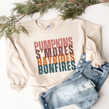 Load image into Gallery viewer, Pumpkins S'more's Hayrides and Bonfires Women's T Shirt or Crewneck Sweatshirt Distressed Letters Cozy Gildan Pullover or Bella Canvas Tee