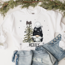 Load image into Gallery viewer, Women's Winter or Christmas Crewneck Sweatshirt Gift for Her Hand Drawn Gnome and Christmas Tree Merry Unisex Size Cozy Oversize Pullover