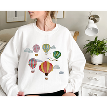 Load image into Gallery viewer, Women's Beautiful Watercolor Hot Air Balloons Unisex Crewneck Sweatshirt Hot Air Balloon Festival Pullover in White, Sand, Ash, Blue or Pink