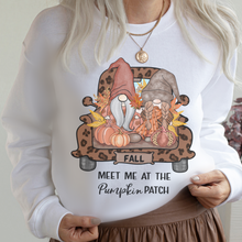 Load image into Gallery viewer, Meet Me At The Pumpkin Patch T Shirt or Crewneck Sweatshirt Women's Autumn Cute Gnomes Cozy Ash White or Sand Gildan Pullover