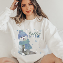Load image into Gallery viewer, Hello Winter Cat Crewneck Sweatshirt Women's Soft, Cozy Pullover in Ash or White Cute Watercolor Cat in a Beanie Design