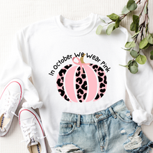Load image into Gallery viewer, Women's In October We Wear Pink Crewneck Sweatshirt Breast Cancer Awareness Fall Cancer Pullover White, Light Pink or Heliconia Colors