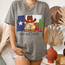 Load image into Gallery viewer, Adorable Texas and Tacos Unisex Bella Canvas® T-shirt Women's Heather Olive, Deep Heather or White Cute Cowboy Gnome with a Taco