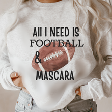 Load image into Gallery viewer, Women's Football Sweatshirt All I Need Is Football and Mascara on a Soft, Cozy Pullover Unisex Size in White, Sand, or Ash Winter Football