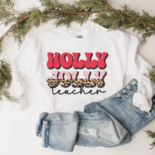 Load image into Gallery viewer, Holly Jolly Teacher Christmas Crewneck Sweatshirt Women's Unisex-Sized Retro Leopard Print Christmas Design Warm Cozy Gildan Pullover