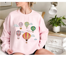 Load image into Gallery viewer, Women's Beautiful Watercolor Hot Air Balloons Unisex Crewneck Sweatshirt Hot Air Balloon Festival Pullover in White, Sand, Ash, Blue or Pink