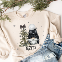 Load image into Gallery viewer, Women's Winter or Christmas Crewneck Sweatshirt Gift for Her Hand Drawn Gnome and Christmas Tree Merry Unisex Size Cozy Oversize Pullover
