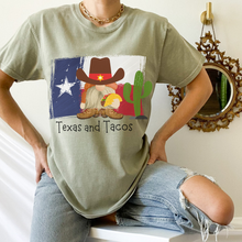 Load image into Gallery viewer, Adorable Texas and Tacos Unisex Bella Canvas® T-shirt Women's Heather Olive, Deep Heather or White Cute Cowboy Gnome with a Taco