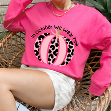 Load image into Gallery viewer, Women's In October We Wear Pink Crewneck Sweatshirt Breast Cancer Awareness Fall Cancer Pullover White, Light Pink or Heliconia Colors