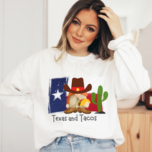 Load image into Gallery viewer, Texas and Tacos Crewneck Sweatshirt or T-Shirt Women's Pullover Cute Texas Gnome and Taco Pullover or Tee