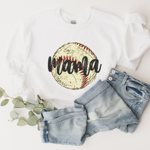 Load image into Gallery viewer, Women's Spring or Summer Baseball Mama Crewneck Sweatshirt or T-Shirt Hand-Drawn Watercolor Baseball Design Gift for Mom