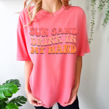 Load image into Gallery viewer, Summer Sun, Sand, Drink In My Hand Comfort Colors® Unisex Garment-Dyed T-shirt in Six Pretty Spring or Summer Colors Beach Trip T-Shirt