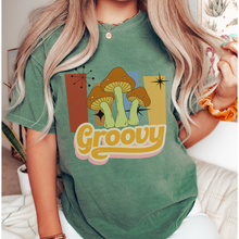 Load image into Gallery viewer, Women's Comfort Colors® Unisex-Size Trendy Retro Groovy Design T-Shirt in Mustard, Yam, White and Sage