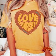 Load image into Gallery viewer, Women's Valentine's Day Comfort Colors® Unisex-Size Trendy Retro Love Yourself Design T-Shirt in Mustard, Yam, White and Sage