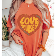 Load image into Gallery viewer, Women's Valentine's Day Comfort Colors® Unisex-Size Trendy Retro Love Yourself Design T-Shirt in Mustard, Yam, White and Sage