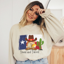 Load image into Gallery viewer, Texas and Tacos Crewneck Sweatshirt or T-Shirt Women's Pullover Cute Texas Gnome and Taco Pullover or Tee