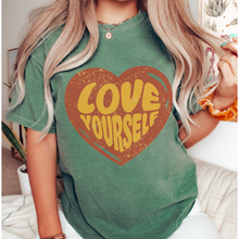 Load image into Gallery viewer, Women's Valentine's Day Comfort Colors® Unisex-Size Trendy Retro Love Yourself Design T-Shirt in Mustard, Yam, White and Sage