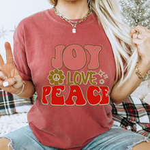 Load image into Gallery viewer, Retro Comfort Colors® Christmas T-shirt, Women's Trendy Joy Love Peace T-Shirt in Grey, Mustard, Pepper, Yam, Crimson, White, Sage