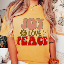 Load image into Gallery viewer, Retro Comfort Colors® Christmas T-shirt, Women's Trendy Joy Love Peace T-Shirt in Grey, Mustard, Pepper, Yam, Crimson, White, Sage