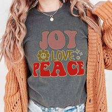 Load image into Gallery viewer, Retro Comfort Colors® Christmas T-shirt, Women's Trendy Joy Love Peace T-Shirt in Grey, Mustard, Pepper, Yam, Crimson, White, Sage