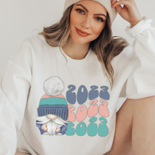 Load image into Gallery viewer, New Year's 2023 Gnome Retro Crewneck Women's Sweatshirt Soft, Cozy Crewneck Pullover in Ash or White Vintage Design