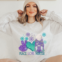 Load image into Gallery viewer, Peace Love Winter Gnome Crewneck Sweatshirt Women's Soft, Cozy Crewneck Pullover in Ash or White Snowflake and Gnome Design