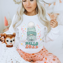 Load image into Gallery viewer, Hello 2023 Women's Cute New Year Gnome Retro Design Cozy Crewneck Sweatshirt or Soft T-Shirt New Year's or Christmas Gift for Her