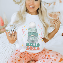 Load image into Gallery viewer, Hello 2023 Women's Cute New Year Gnome Retro Design Cozy Crewneck Sweatshirt or Soft T-Shirt New Year's or Christmas Gift for Her