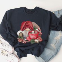 Load image into Gallery viewer, Women's Cute Christmas Gnome with Hot Cocoa Cozy Crewneck Sweatshirt in Ash, White or Navy Christmas Gift for Her Pullover