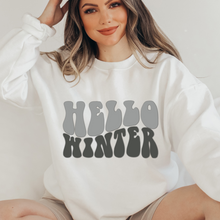 Load image into Gallery viewer, Hello Winter Women's Soft, Cozy Crewneck Sweatshirt Retro Winter Design in Ash or White Christmas Gift for Her Soft Pullover