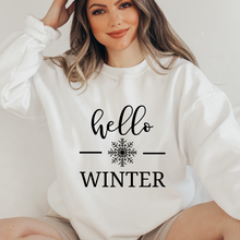Load image into Gallery viewer, Hello Winter Women's Soft, Cozy Crewneck Sweatshirt in Ash or White Christmas Gift for Her Soft Pullover
