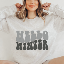 Load image into Gallery viewer, Hello Winter Women's Soft, Cozy Crewneck Sweatshirt Retro Winter Design in Ash or White Christmas Gift for Her Soft Pullover