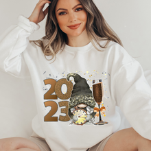Load image into Gallery viewer, Women's Cute New Year Gnome Cozy Crewneck Sweatshirt in Ash, White or Black Christmas or New Year's Gift for Her Soft Pullover