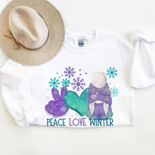 Load image into Gallery viewer, Peace Love Winter Gnome Crewneck Sweatshirt Women's Soft, Cozy Crewneck Pullover in Ash or White Snowflake and Gnome Design