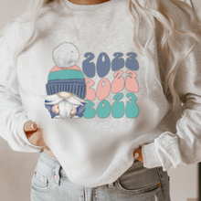 Load image into Gallery viewer, New Year's 2023 Gnome Retro Crewneck Women's Sweatshirt Soft, Cozy Crewneck Pullover in Ash or White Vintage Design
