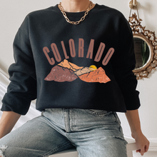 Load image into Gallery viewer, Women's Colorado Mountains Crewneck Sweatshirt Distressed Colorado Design in a Cozy, Warm Winter Adventure Camping Hiking Pullover