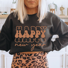 Load image into Gallery viewer, Happy New Year Crewneck Sweatshirt Cozy Warm, and Soft New Year's Eve Party Pullover in Black or White