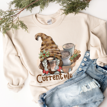 Load image into Gallery viewer, Christmas Women's Unisex-Size Crewneck Sweatshirt Current Mood Coffee Cute Hand Drawn Watercolor Gnome in Ash, Sand, White or Navy